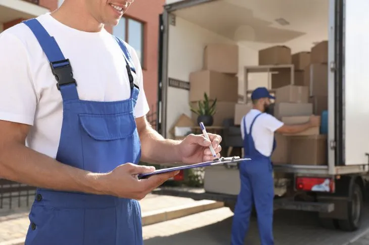 movers check truck while unloading